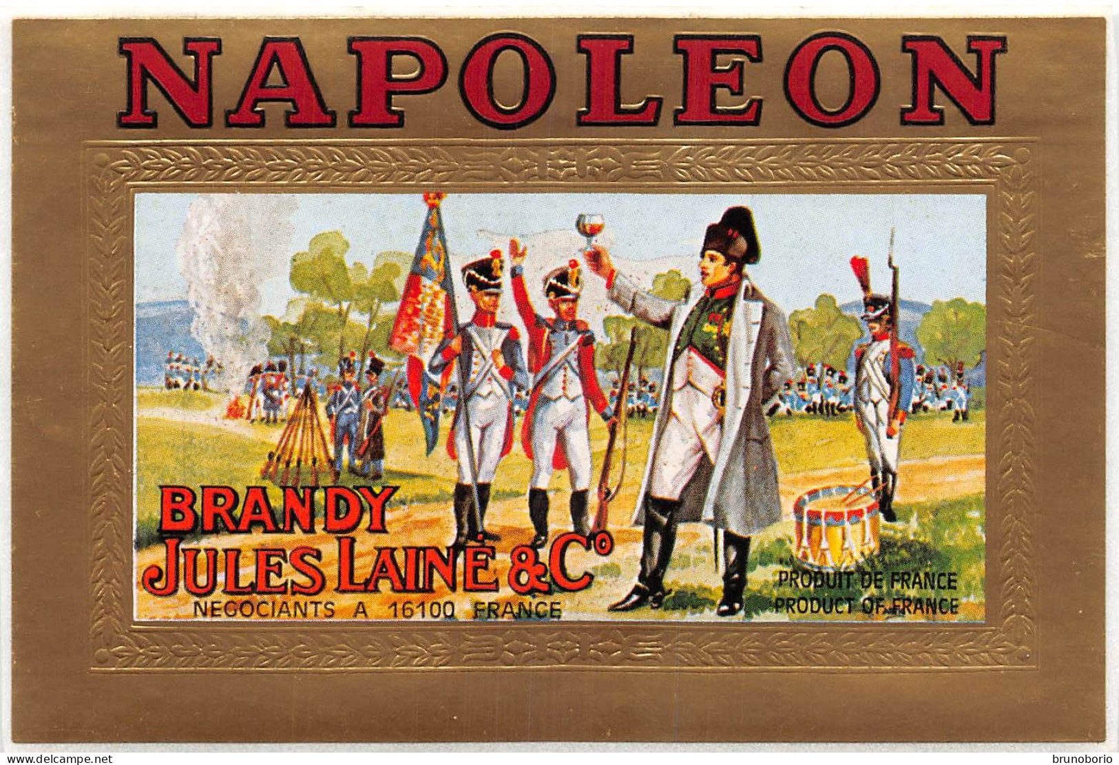 00046 "NAPOLEON BRANDY JULES LAINE & C°." ETICH. ADESIVA ORIG. ANIMATA NAPOLEONE SUL CAMO DI BATTAGLIA - Alcoli E Liquori