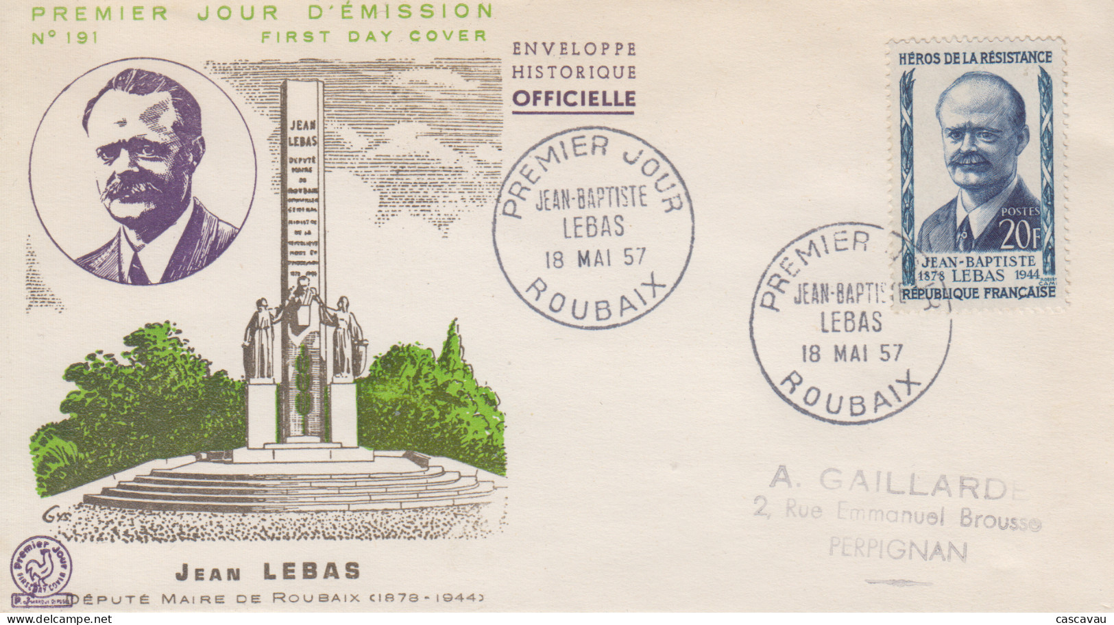 Enveloppe  FDC  1er  Jour   FRANCE    Héros  De  La   Résistance   Jean  Baptiste  LEBAS   ROUBAIX   1957 - 1950-1959