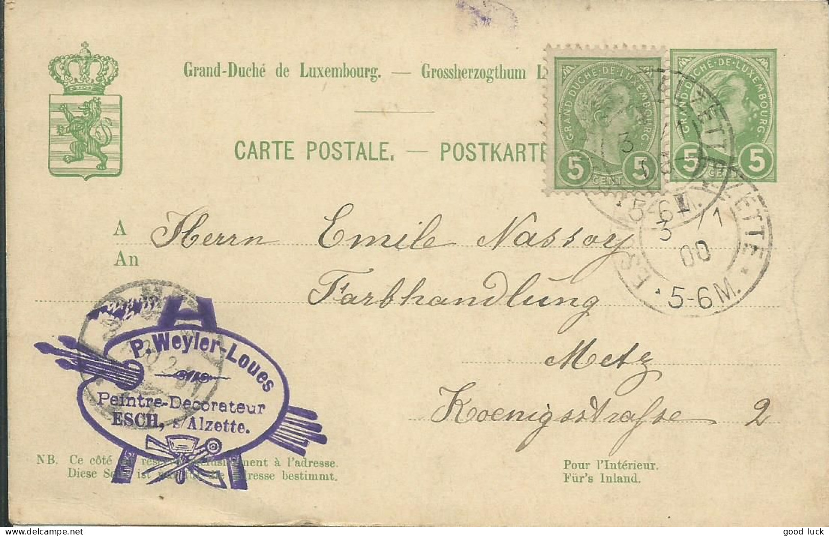LUXEMBOURG CARTE 10c ESCH SUR ALZETTE POUR METZ ( MOSELLE ) DE 1900  LETTRE COVER - Entiers Postaux