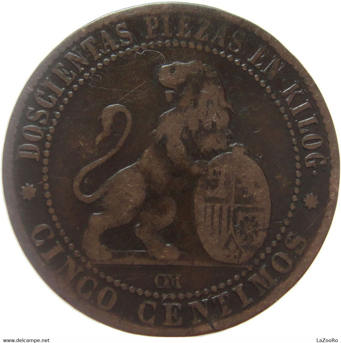 LaZooRo: Spain 5 Centimos 1870 OM VF - Premières Frappes