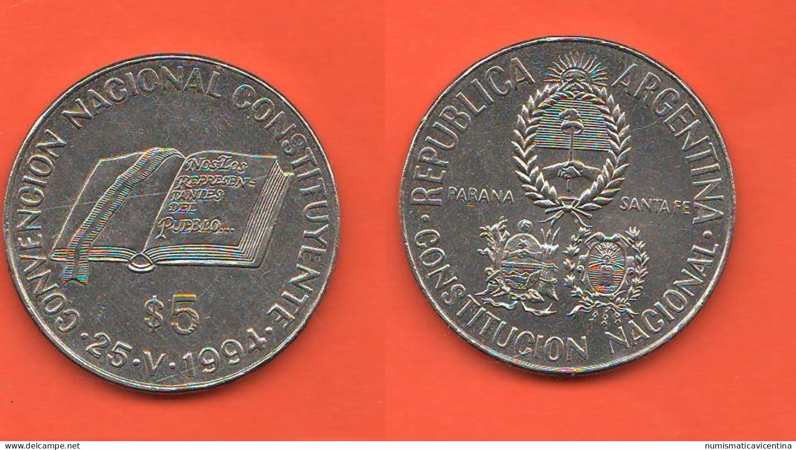 Argentina $ 5 Pesos 1994 Costitucion Nacional Nickel Coin South America - Argentina