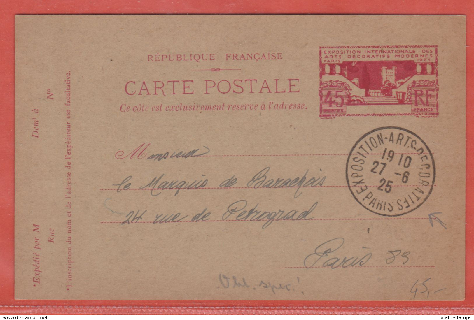 FRANCE ENTIER POSTAL DE 1925 EXPOSITION ARTS DECORATIFS - Buste Postali E Su Commissione Privata TSC (ante 1995)