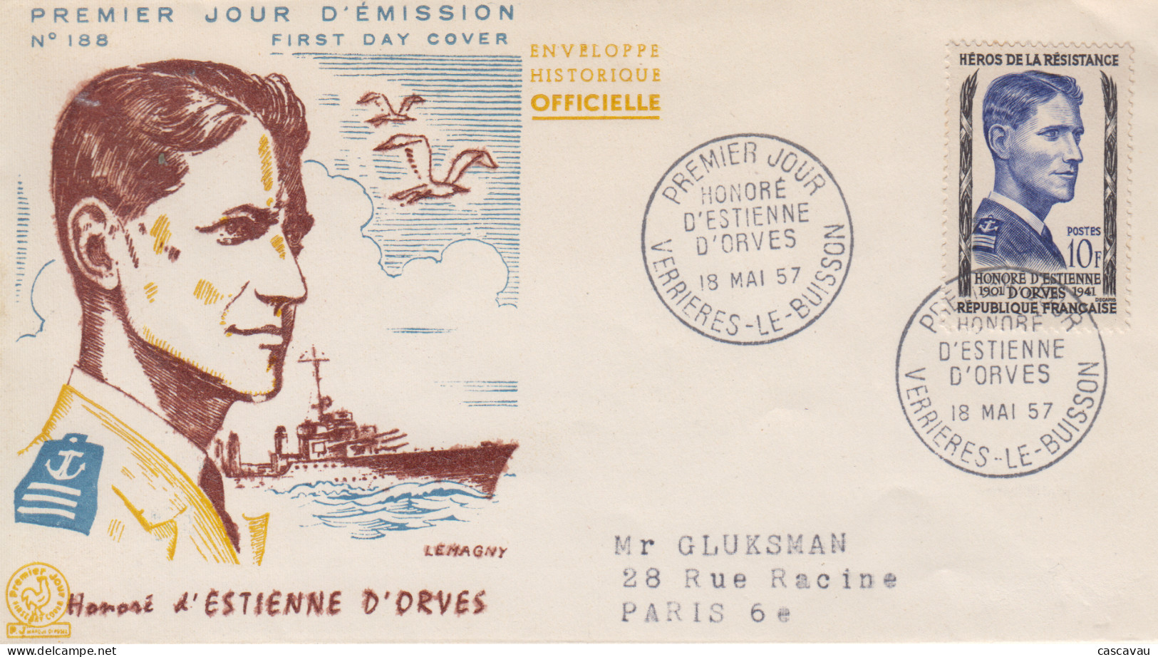 Enveloppe  FDC   1er  Jour   FRANCE   HEROS  DE  LA  RESISTANCE   Honoré   D' ESTIENNE   D' ORVES   1957 - 1950-1959