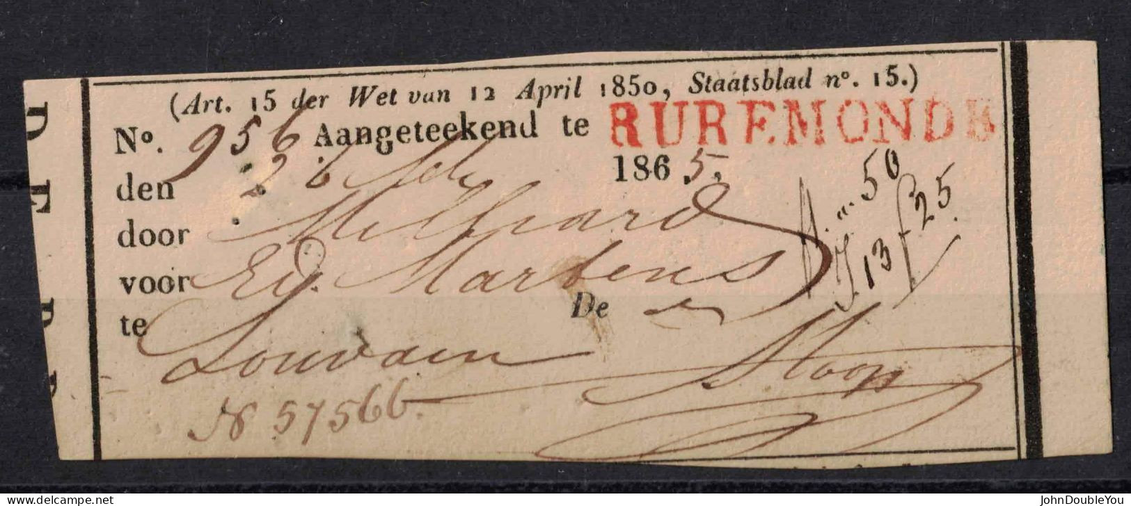Afgiftebewijs Aangetekende Brief Van Roermond Naar Leuven (Belgie), 26 September 1865 - Altri & Non Classificati