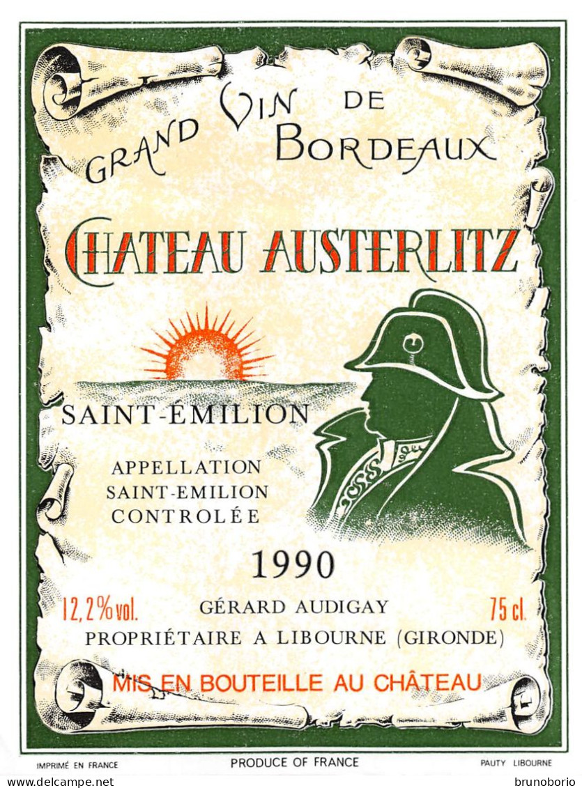 00051 "GRAND VIN DE BORDEAUX - SAINT-EMILION - 1990 GERARD AUDYGAY PROPRIETAIRE A LIBOURNE - GIRONDE" ETICH. ORIG. ANIM - Alcoholes Y Licores