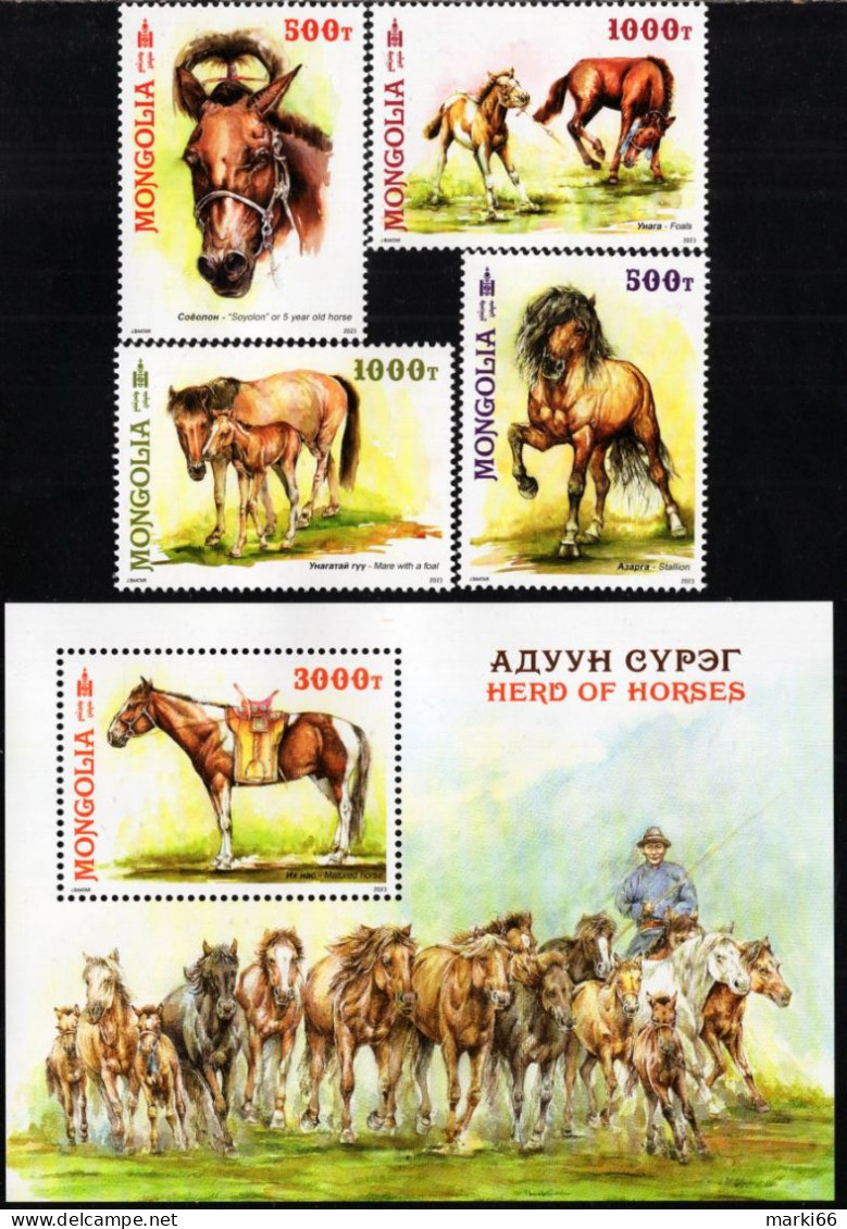 Mongolia - 2023 - Mongolian Horses - Mint Stamp Set + Souvenir Sheet - Mongolia