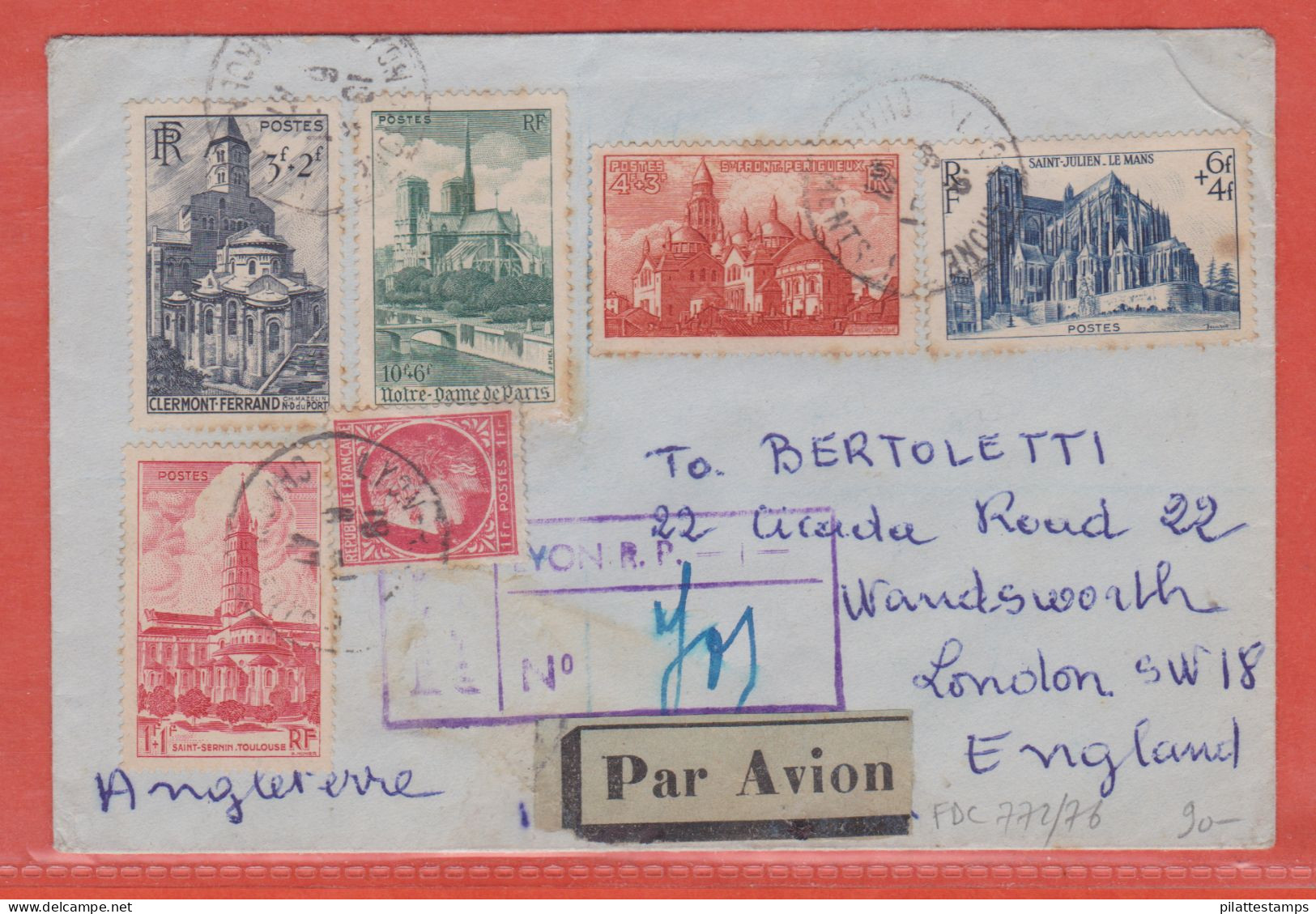 FRANCE N° 772/76 CATHEDRALES FDC RECOMMANDEE DE LYON POUR LONDRES - ....-1949