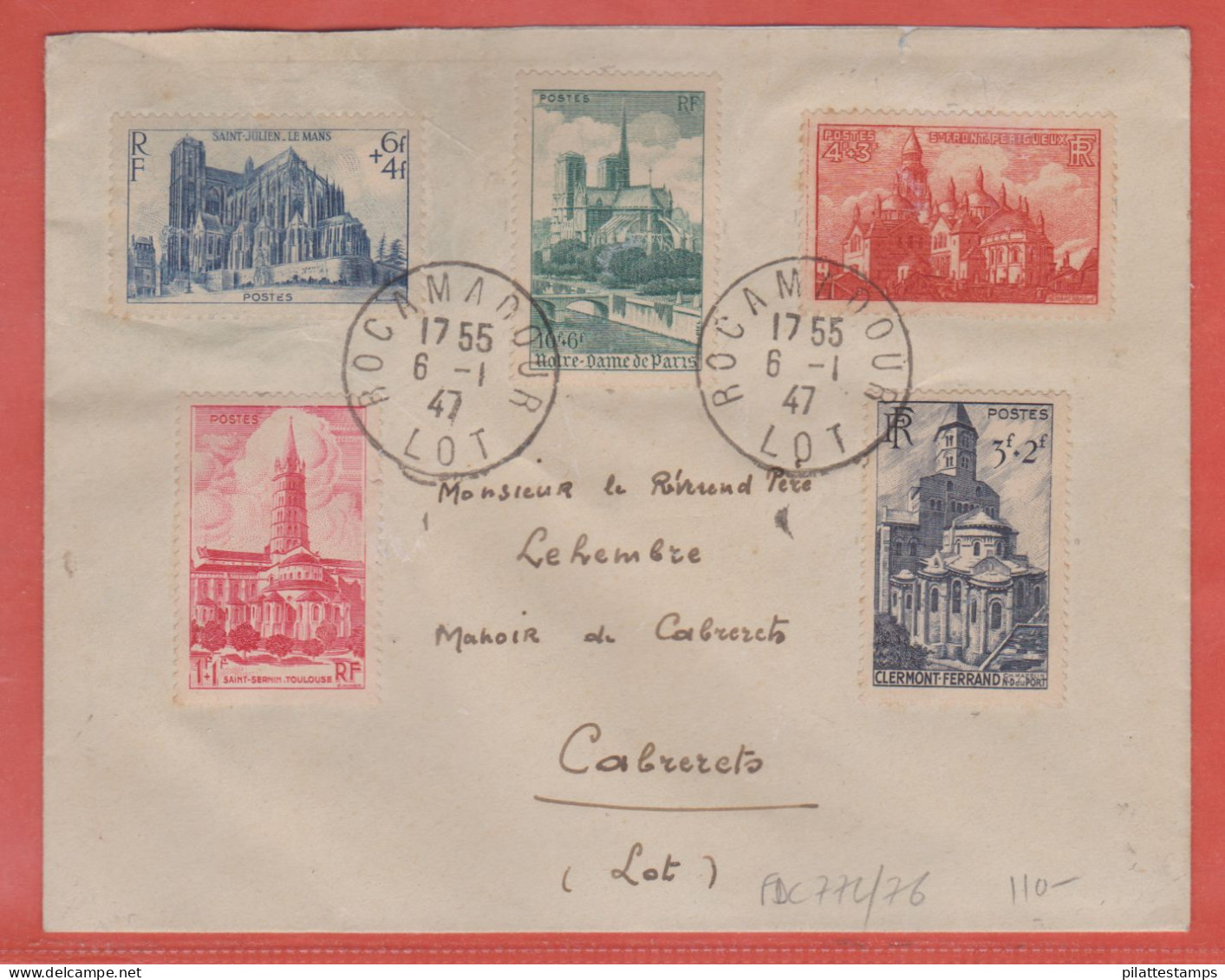 FRANCE N° 772/76 CATHEDRALES FDC DE ROCAMADOUR POUR CABRERETS - ....-1949