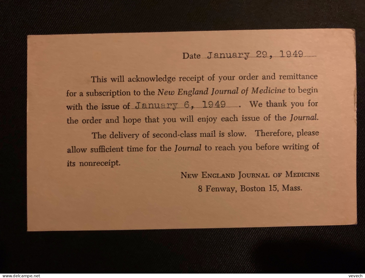 CP EP 1c + TP 1c Paire OBL.MEC. JAN 30 1949 BOSTON +NEW ENGLAND JOURNAL OF MEDICINE - Storia Postale