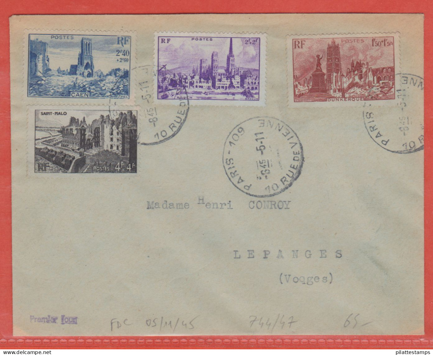 FRANCE N° 744/47 VILLES MARTYRES FDC DE 1945 DE PARIS POUR LEPANGES - ....-1949