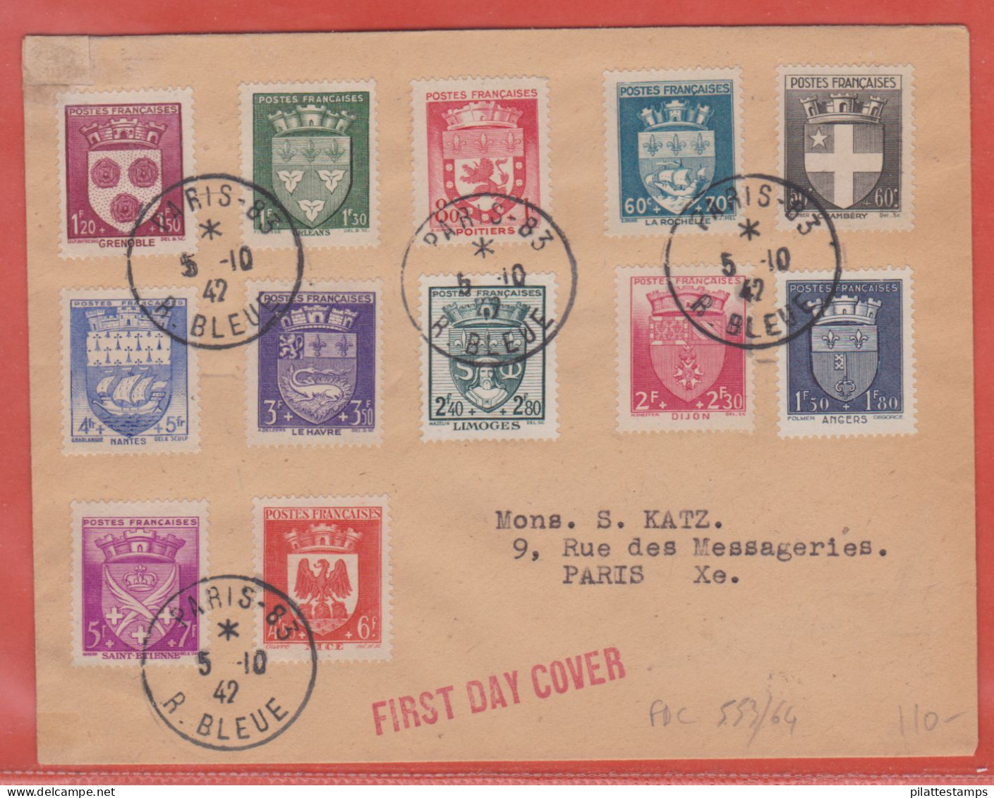 FRANCE N° 553/64 BLASONS FDC DE 1942 DE PARIS - ....-1949