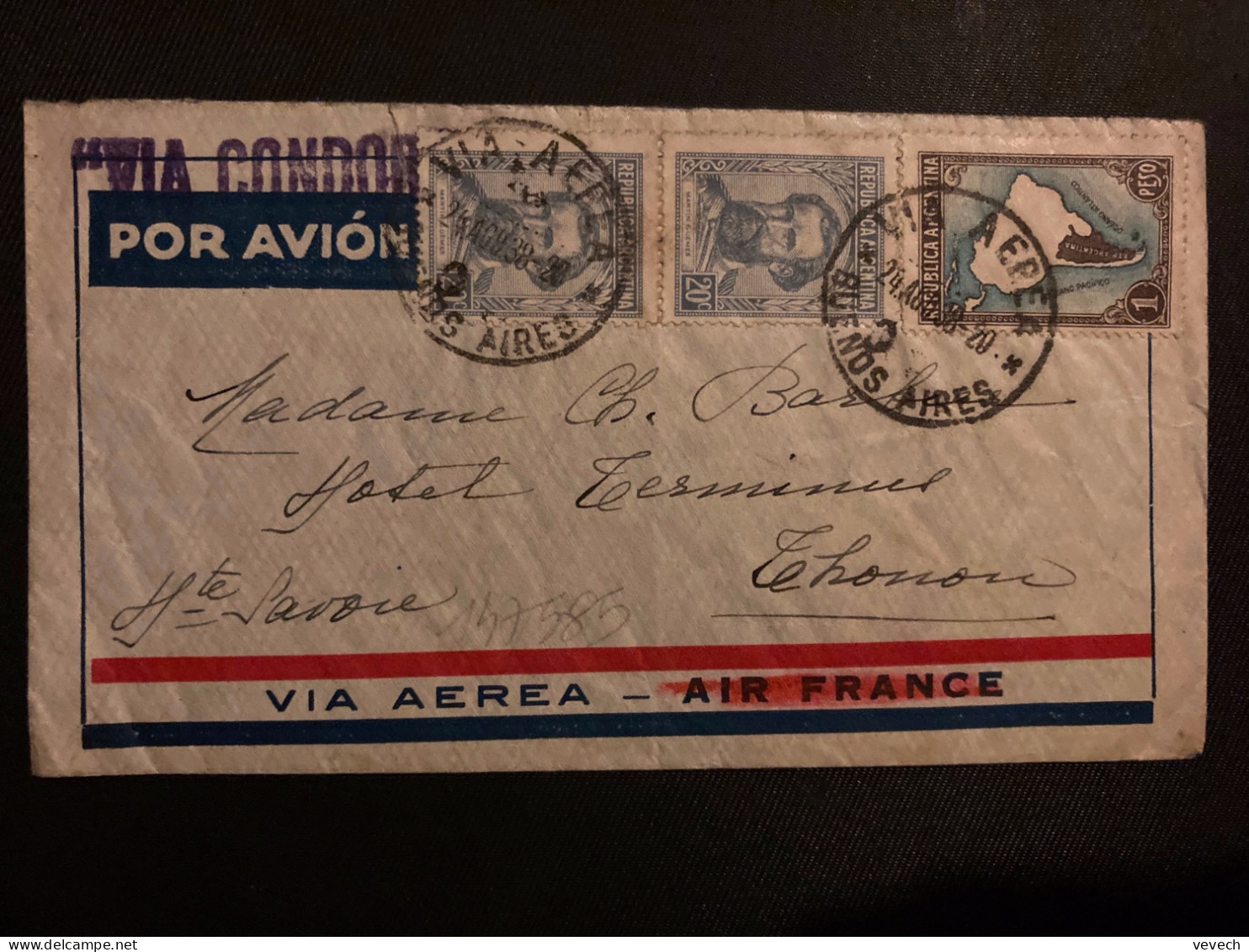 LETTRE PLAZA HOTEL Via CONDOR Pour La FRANCE TP 1p + TP MARTIN GUEMES 20c X2 OBL.24 AGO 38 VIA AEREA BUENOS AIRES - Storia Postale