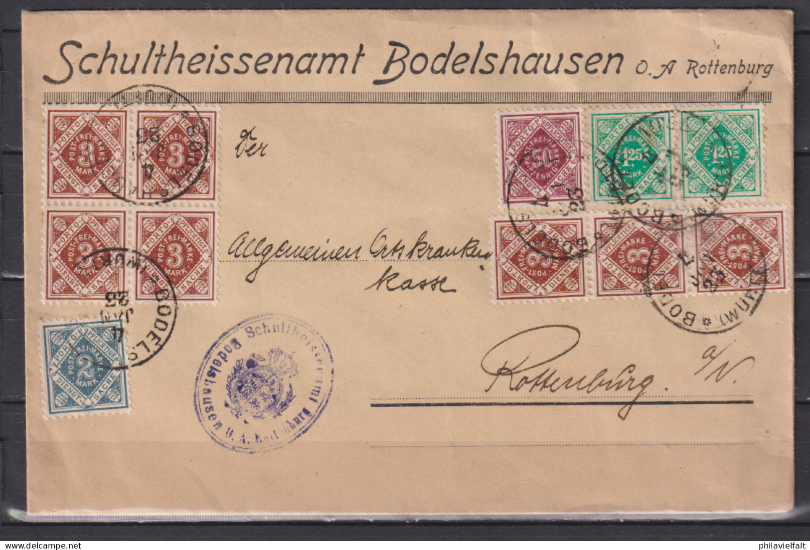 Württemberg Dienstbrief Schultheissenamt Bodelshausen Vom 4.Jan.23 MiF 154,2x156,157,7x158 - Storia Postale