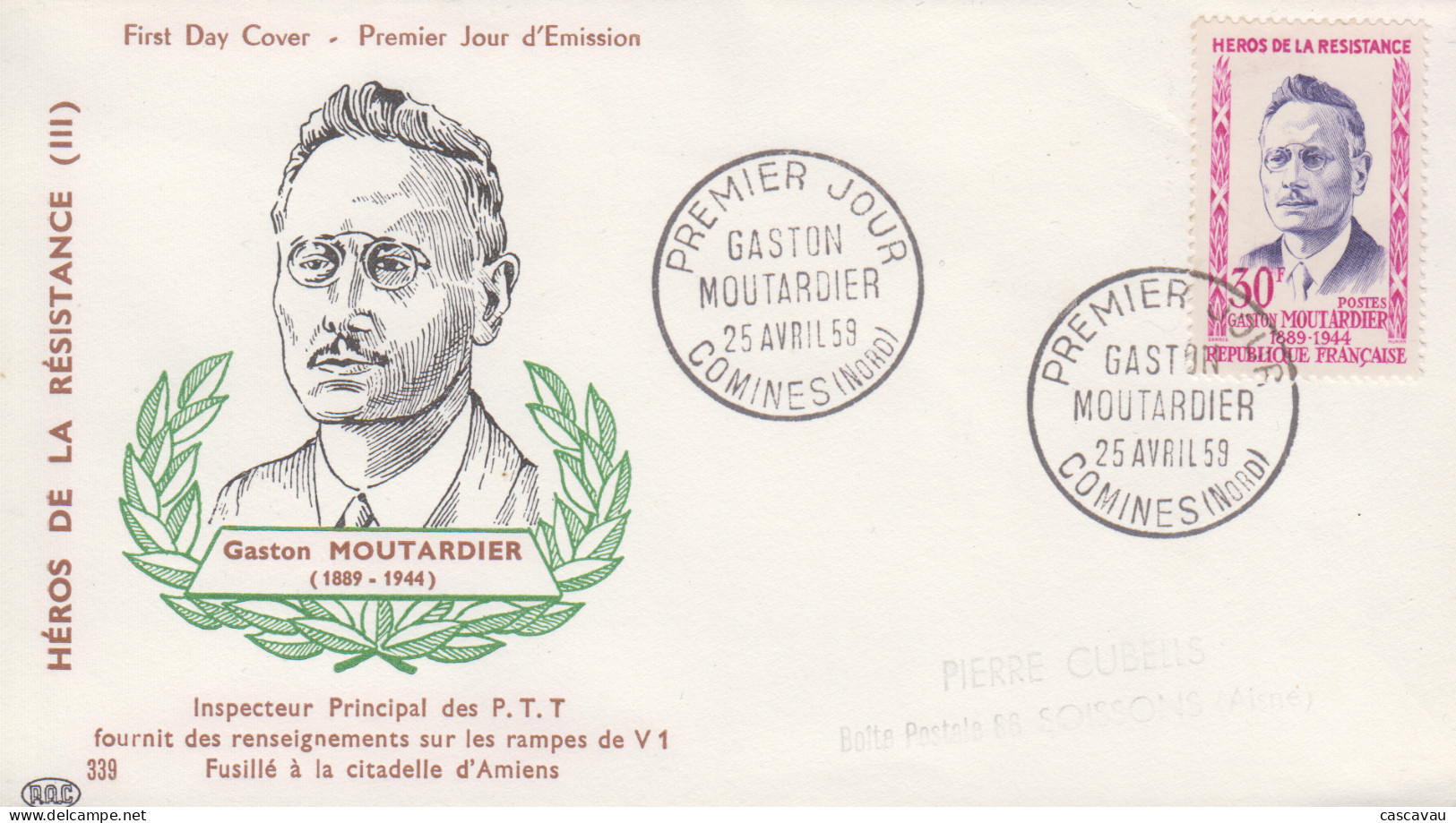 Enveloppe  FDC  1er  Jour   FRANCE    Héros  De  La   Résistance   Gaston  MOUTARDIER    COMINES   1959 - 1950-1959