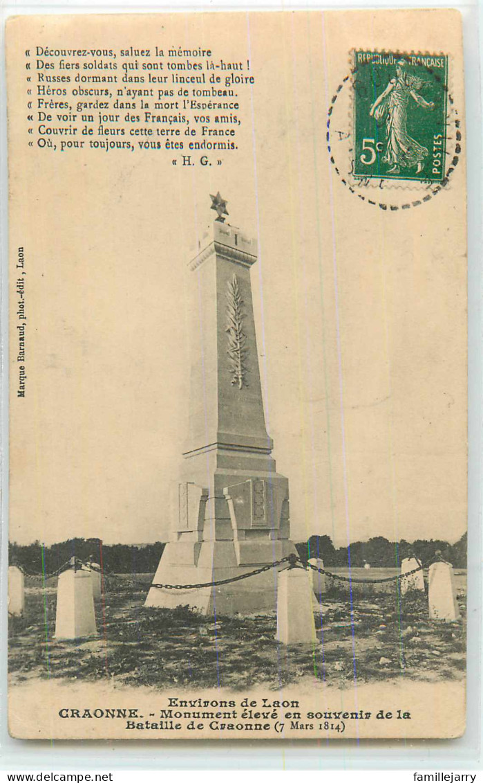 25257 - CRAONNE - MONUMENT ELEVE EN LA MÉMOIRE DE LA BATAILLE DE - Craonne