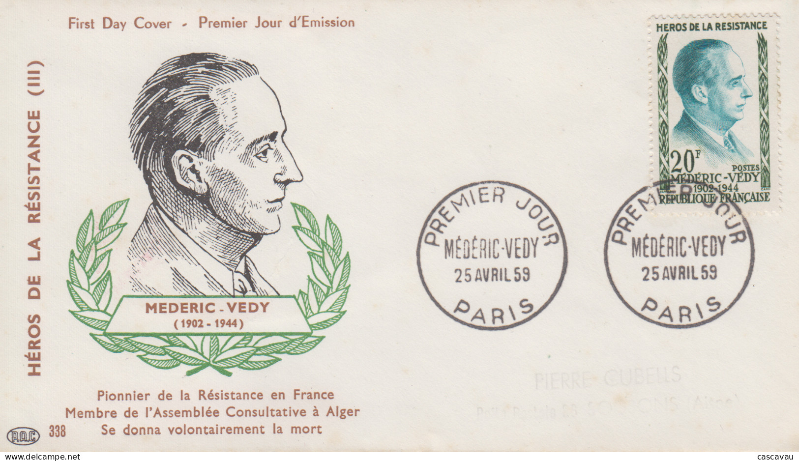 Enveloppe  FDC  1er  Jour   FRANCE    Héros  De  La   Résistance   MEDERIC - VEDY   1959 - 1950-1959