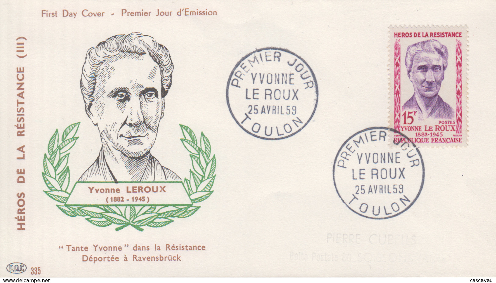 Enveloppe  FDC  1er  Jour   FRANCE    Héros  De  La   Résistance   Yvonne  LE ROUX     TOULON   1959 - 1950-1959