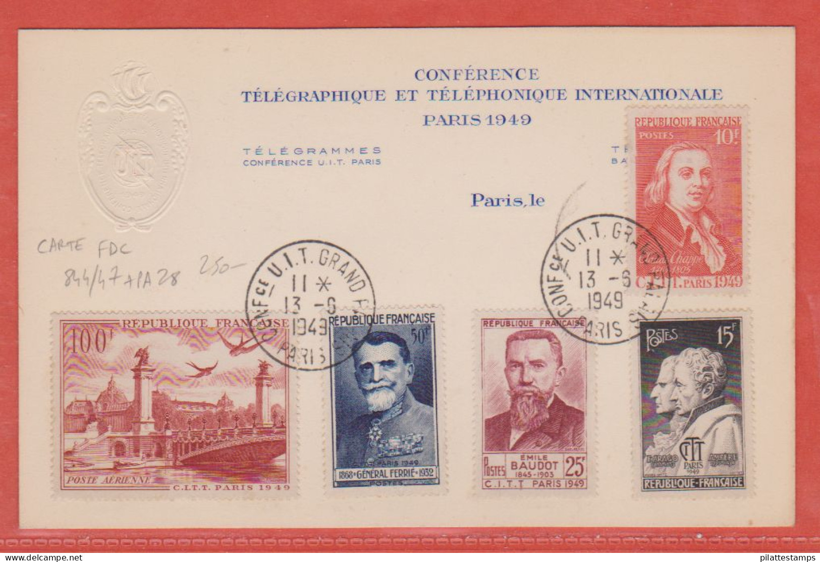 FRANCE N° 844/47 + PA 28 C.I.T.T. CARTE FDC DE 1949 - ....-1949