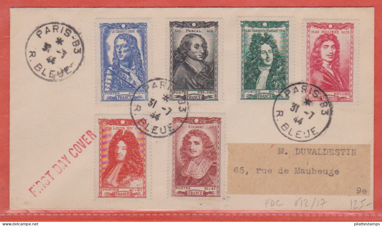 FRANCE N° 612/17 PERSONNAGES CELEBRES LETTRE FDC DE 1944 DE PARIS - ....-1949