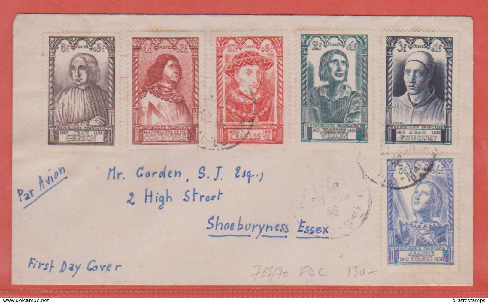 FRANCE N° 765/70 PERSONNAGES CELEBRES LETTRE FDC DE 1946 DE NICE POUR SHOEBURYNESS GRANDE BRETAGNE - ....-1949