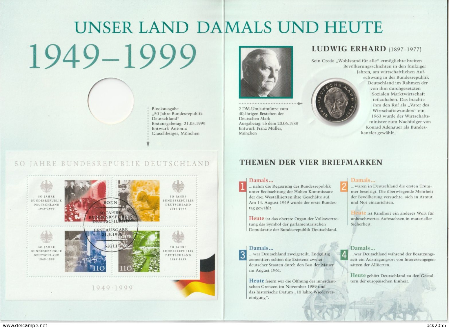 BRD Erinnerungsblatt FDC 1999 Nr. Block 49 50 Jahre Bundesrepublik Deutschland 2Mark Münze Jaeger Nr.438 (E 233) - Invii Numismatici