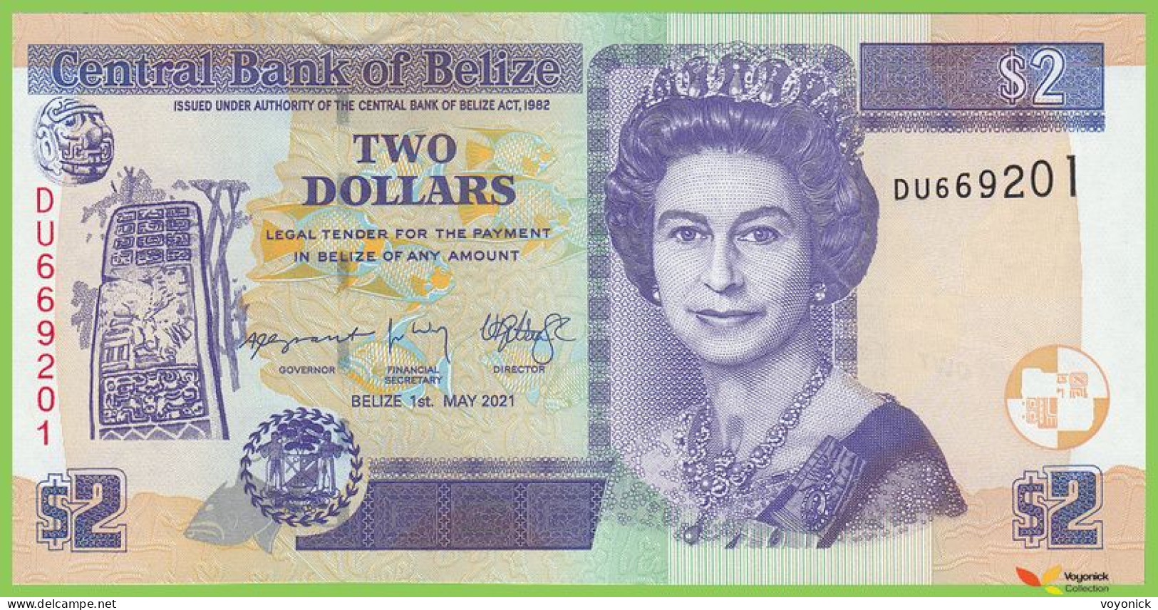 Voyo BELIZE 2 Dollars 2021 P66g B324g DU UNC Queen Elisabeth II - Belize