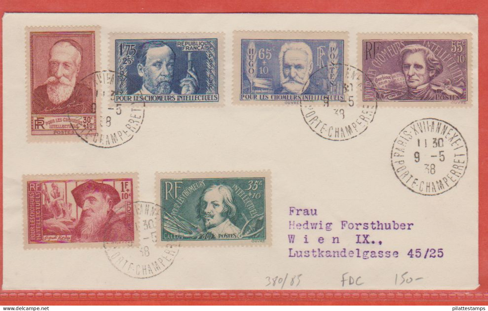 FRANCE N° 380/85 CHOMEURS INTELLECTUELS LETTRE FDC DE 1938 DE PARIS POUR VIENNE AUTRICHE - ....-1949