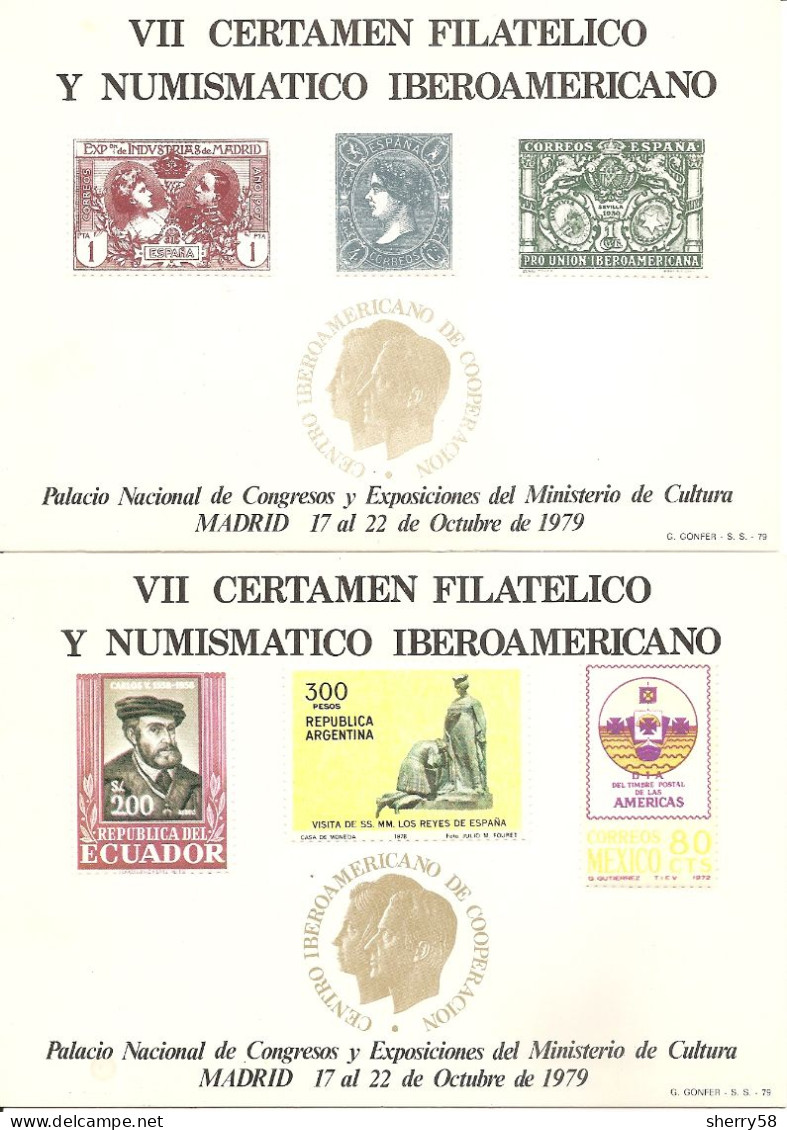 1979- TARJETAS VII CERTAMEN FILATÉLICO Y NUMISMATICO IBEROAMERICANO -  MADRID 17 Al 22 OCTUBRE 1979 - NUMERADAS - Hojas Conmemorativas