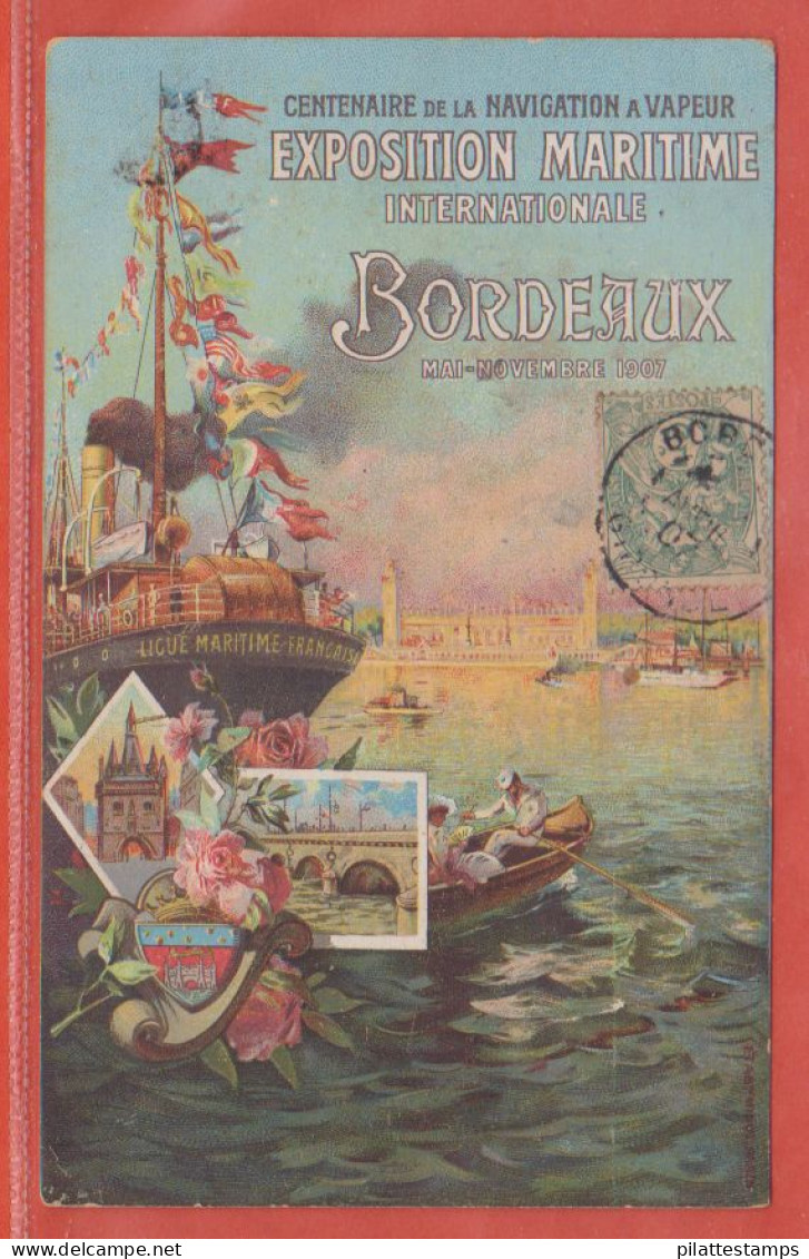 FRANCE VIGNETTE EXPO MARITIME SUR CARTE POSTALE DE 1907 DE BORDEAUX - Expositions Philatéliques