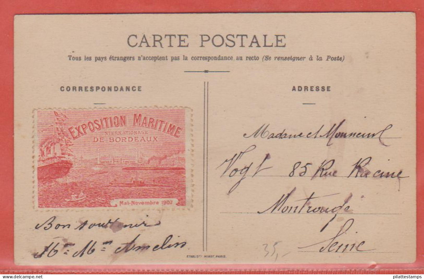 FRANCE VIGNETTE EXPO MARITIME SUR CARTE POSTALE DE 1907 DE BORDEAUX - Philatelic Fairs