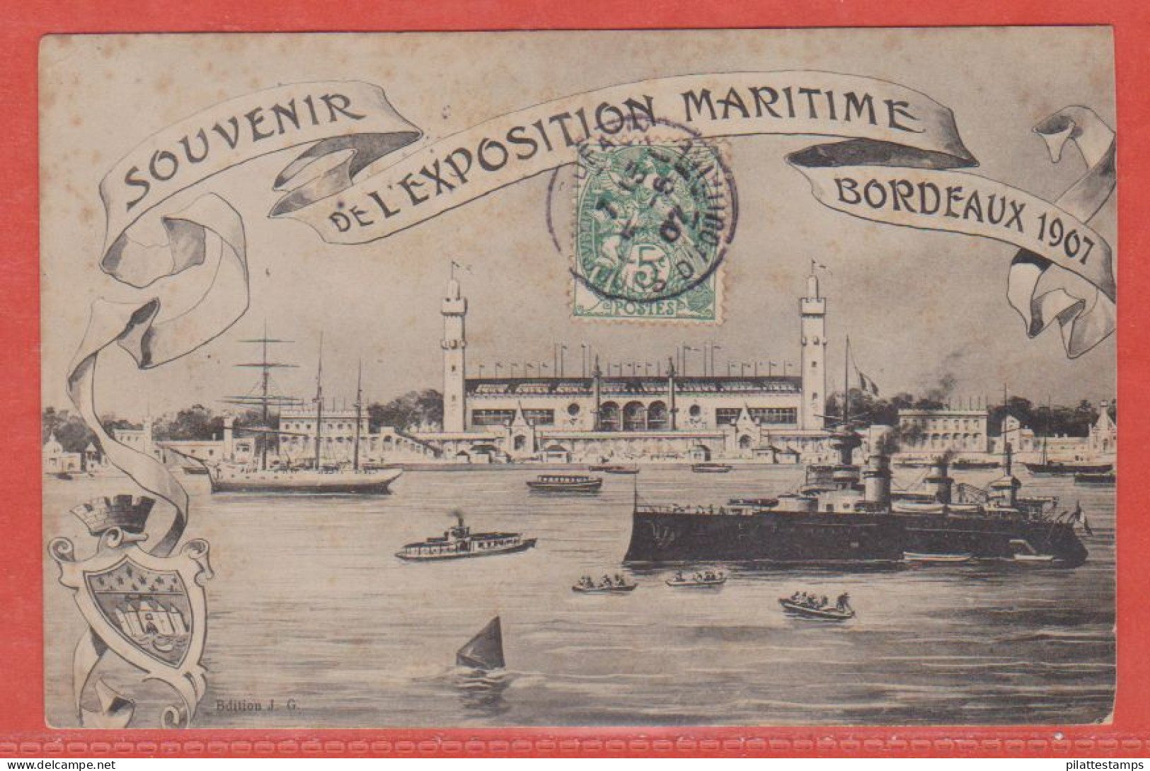 FRANCE VIGNETTE EXPO MARITIME SUR CARTE POSTALE DE 1907 DE BORDEAUX (ROUSSEURS) - Philatelic Fairs