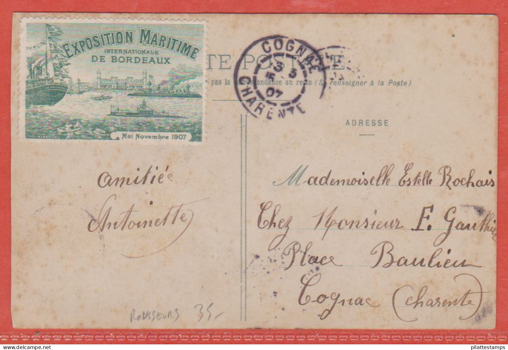 FRANCE VIGNETTE EXPO MARITIME SUR CARTE POSTALE DE 1907 DE BORDEAUX (ROUSSEURS) - Filatelistische Tentoonstellingen