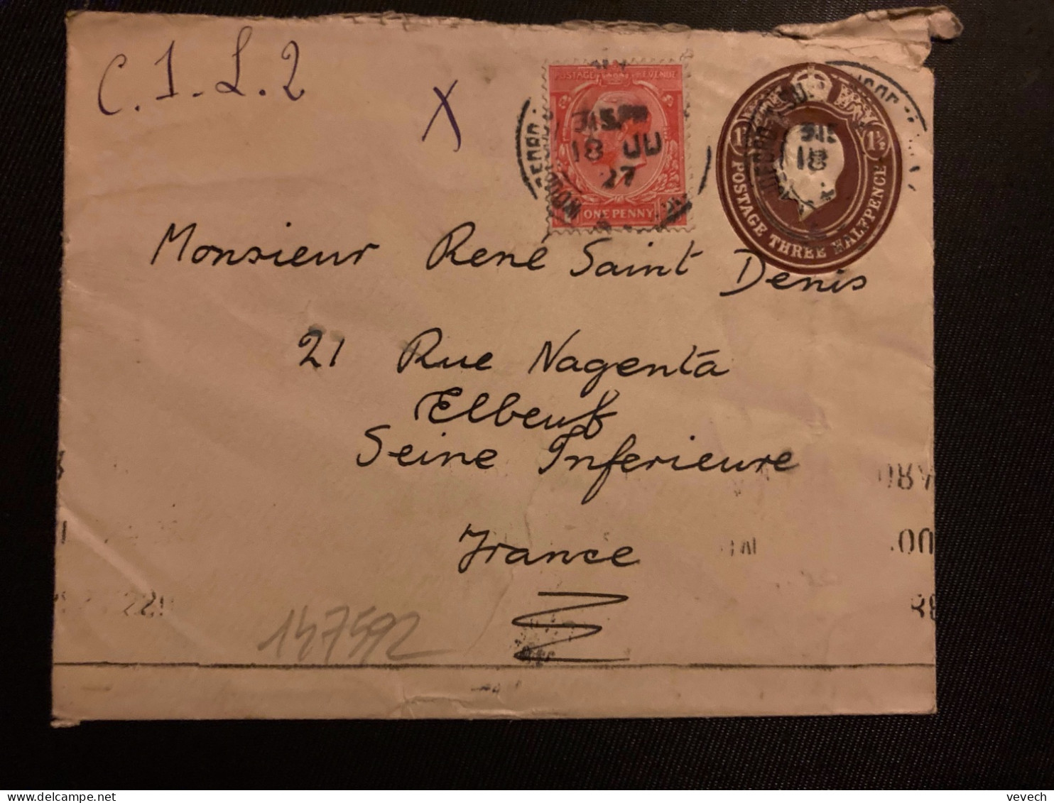 LETTRE EP 1 1/2p + TP 1p OBL.18 JU 27 Pour René SAINT DENIS / OBL.MEC. ELBEUF (76) - Cartas & Documentos