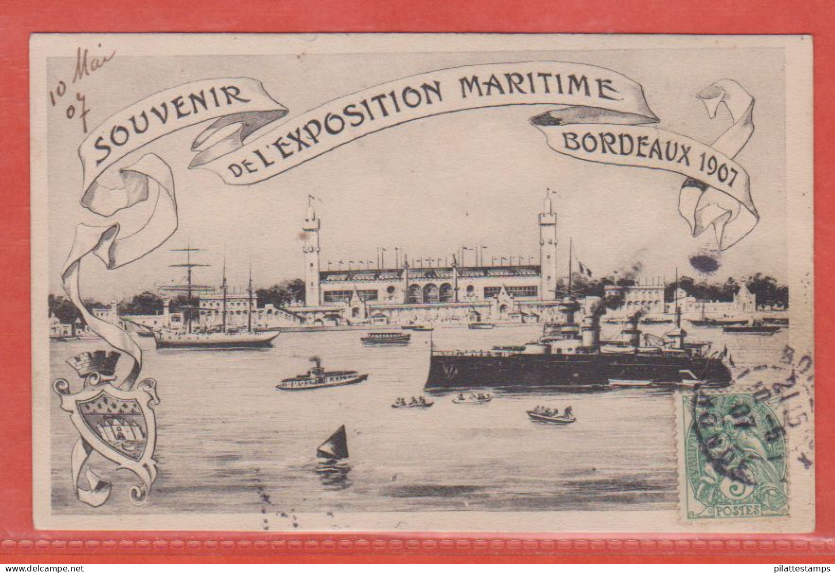 FRANCE VIGNETTE EXPO MARITIME SUR CARTE POSTALE DE 1907 DE BORDEAUX - Filatelistische Tentoonstellingen