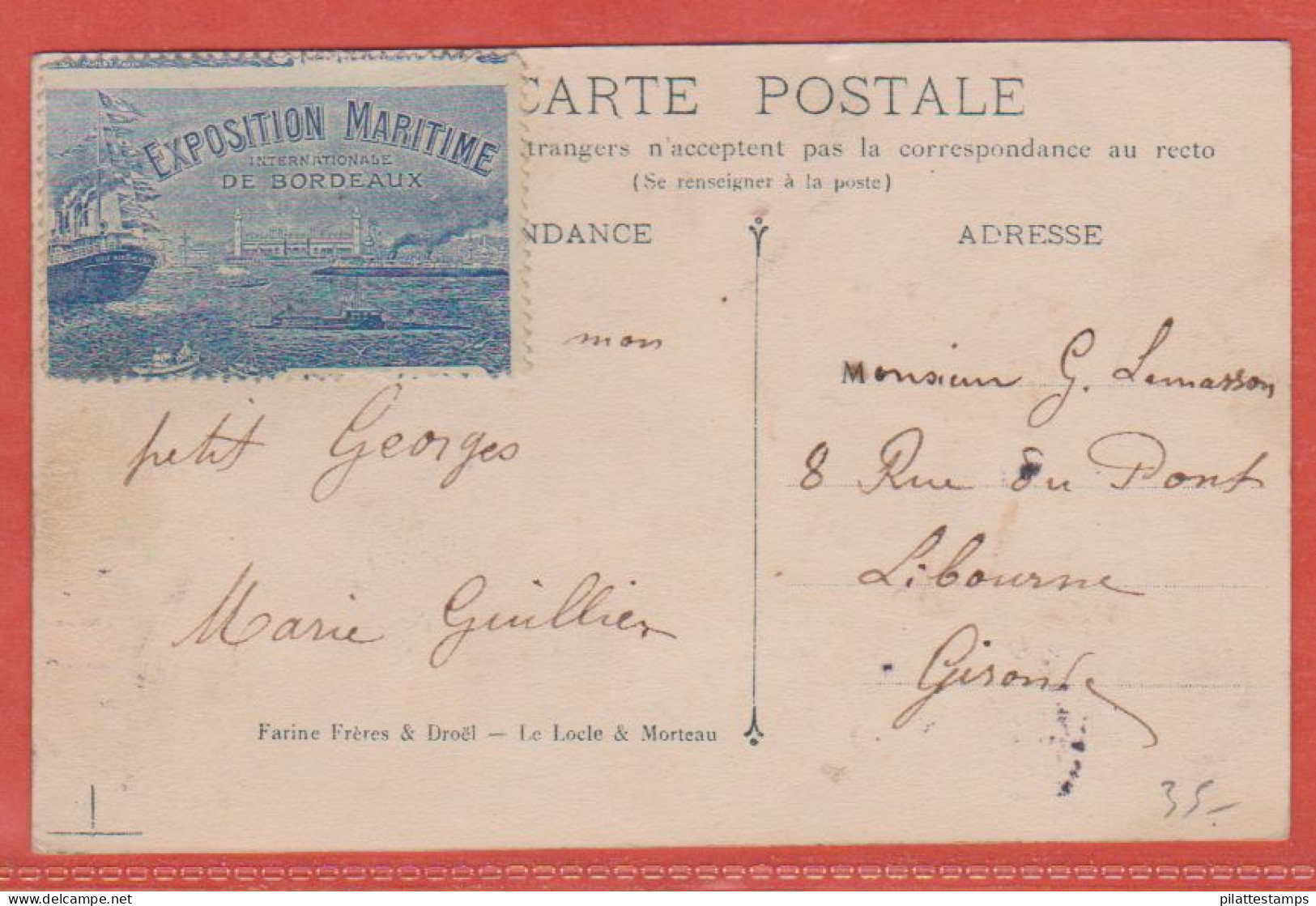 FRANCE VIGNETTE EXPO MARITIME SUR CARTE POSTALE DE 1907 DE BORDEAUX - Briefmarkenmessen