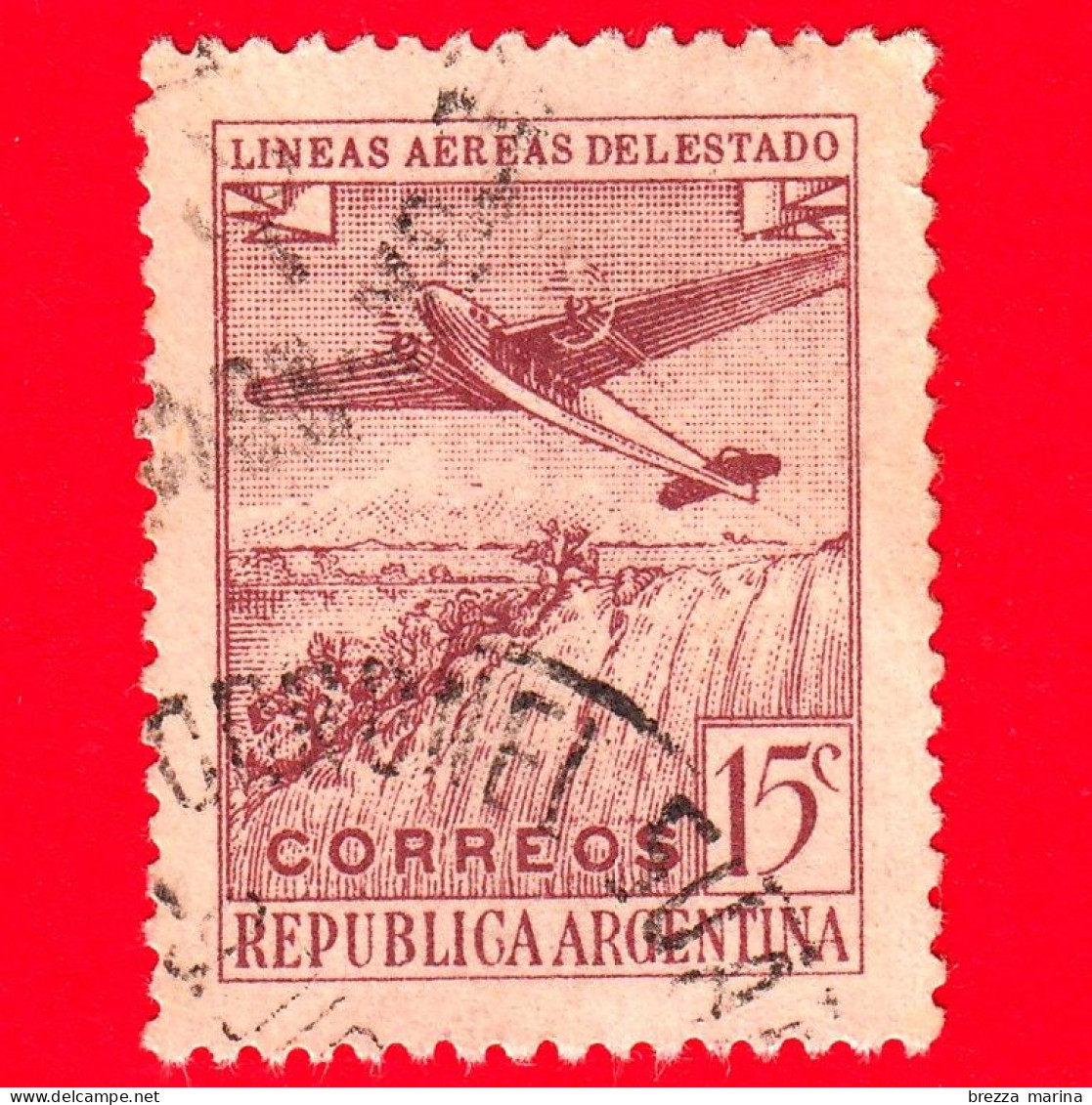 ARGENTINA - Usato - 1946 - Aereo Sopra Le Cascate Di Iguacu - 15 - Used Stamps