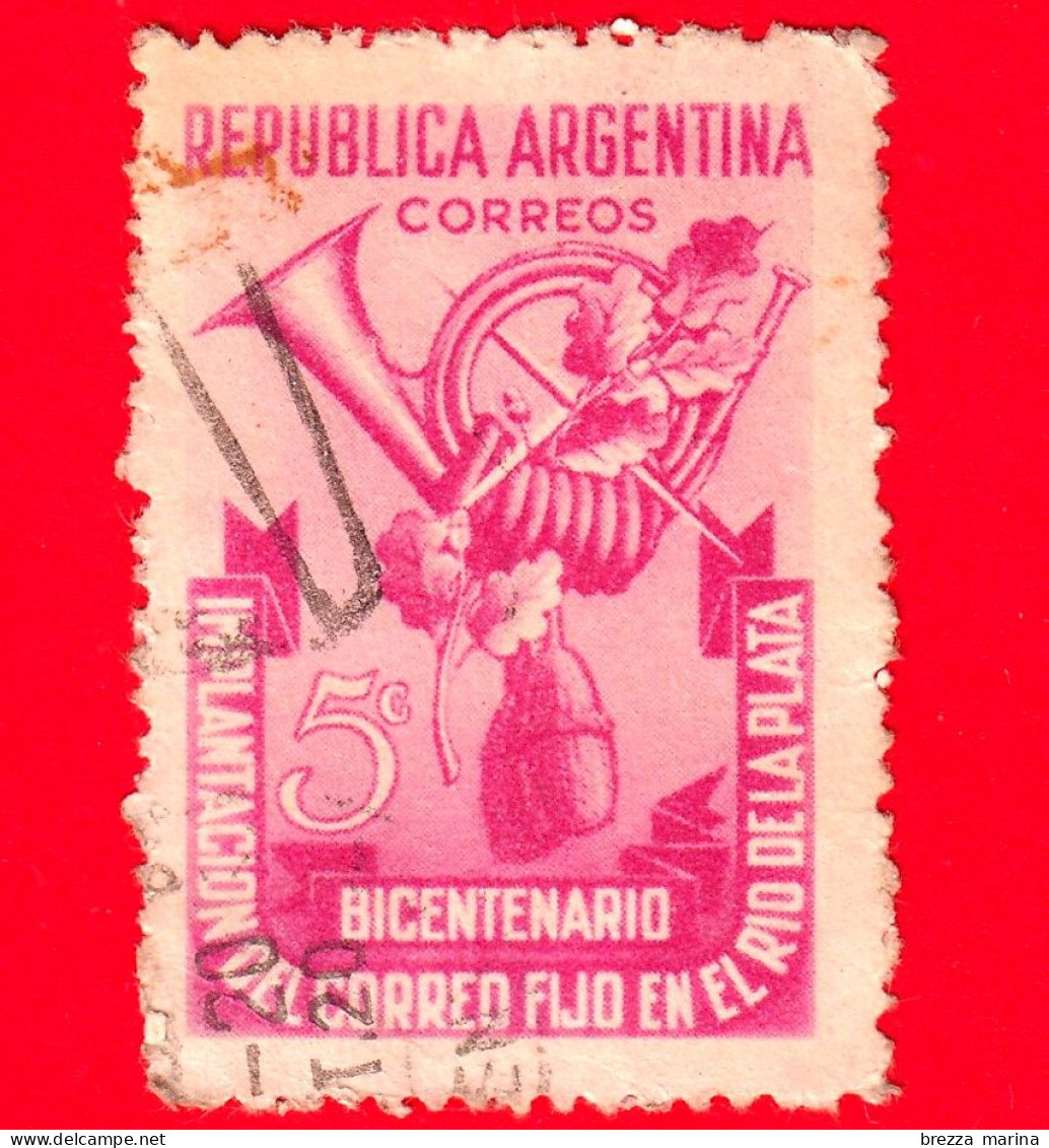ARGENTINA - Usato - 1948 - 200 Anni Del Servizio Postale Nel Rio De La Plata - Corno, Foglie Di Quercia, Ghiande - 5 - Used Stamps