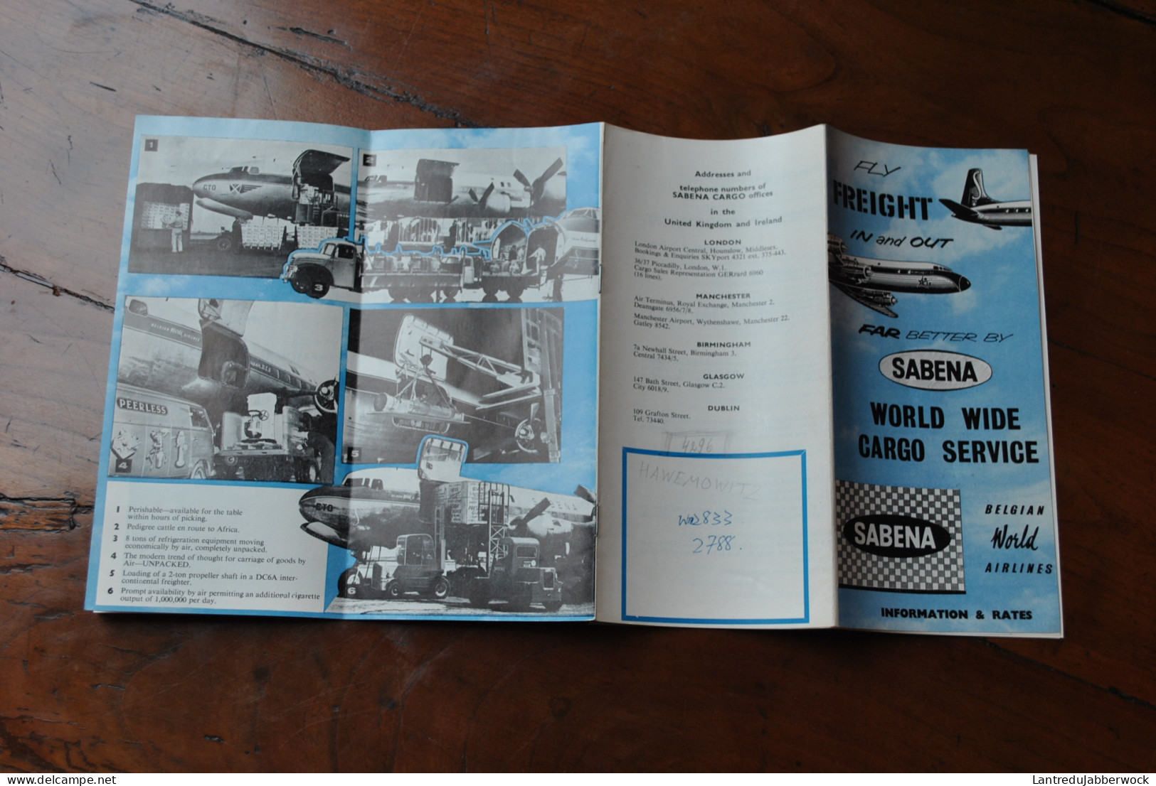 SABENA Belgian Airlines Brochure Information & Rates Cargo Service 1958? Lignes Aériennes Belges Horaires Freight In Out - Horaires