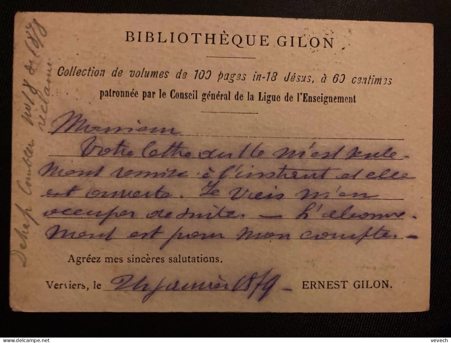 CP EP 5 + TP 5 OBL.24 JANV 1879 VERVIERS + BIBLIOTHEQUE GILON Pour M SAINT DENIS + OBL. ELBEUF (76) + OBL. ROUGE - 1869-1888 Lion Couché