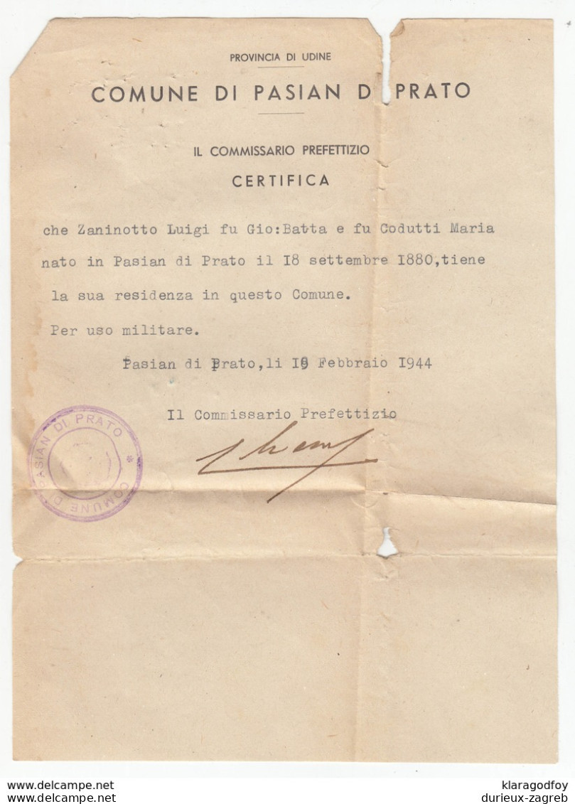 Italy, Birth Certificate? From Comune Di Pasian Di Prato 1944 B180301 - Documenti Storici