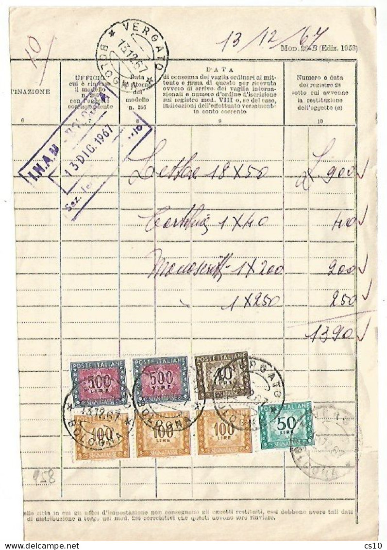 Mod.28-B Riepilogativa Tasse In Conto INAM - Uff.Postale Vergato BO 13dic1967 Per Lire 1390 Con 7 Valori Segnatasse - Postage Due