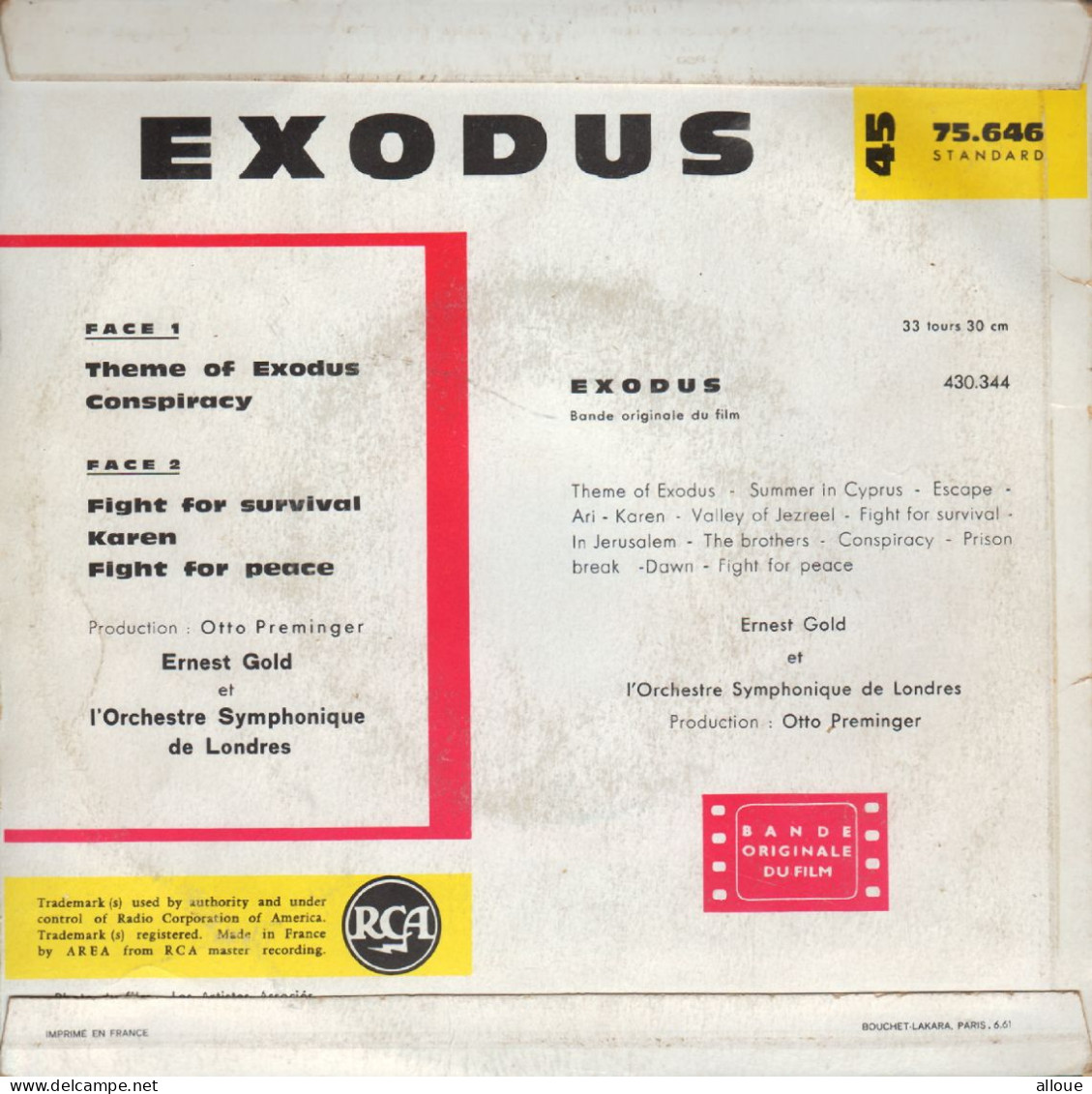 EXODUS FRENCH EP - BO DU FILM - THEME OF EXODUS CONSPIRACY + 4 - Filmmuziek
