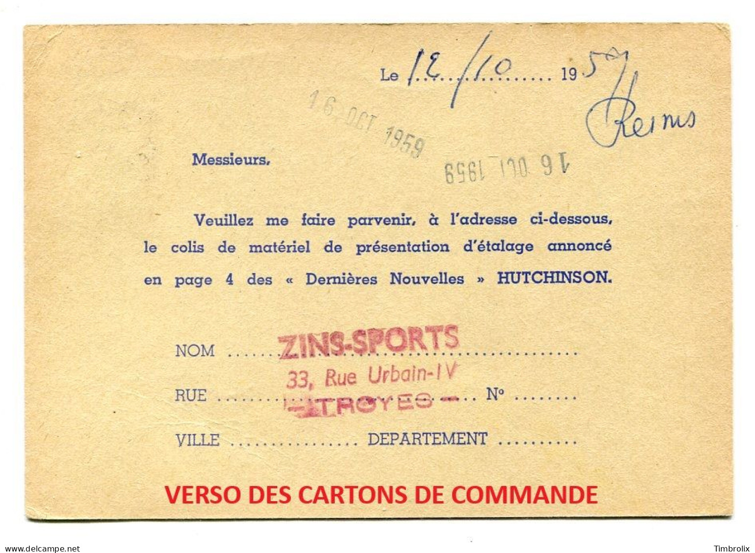 HUTCHINSON - 6 Cartons De Commande Du Colis De Matériel D' étalage Annoncé En Page 4 Des " Dernières Nouvelles " 1959 - Brieven En Documenten