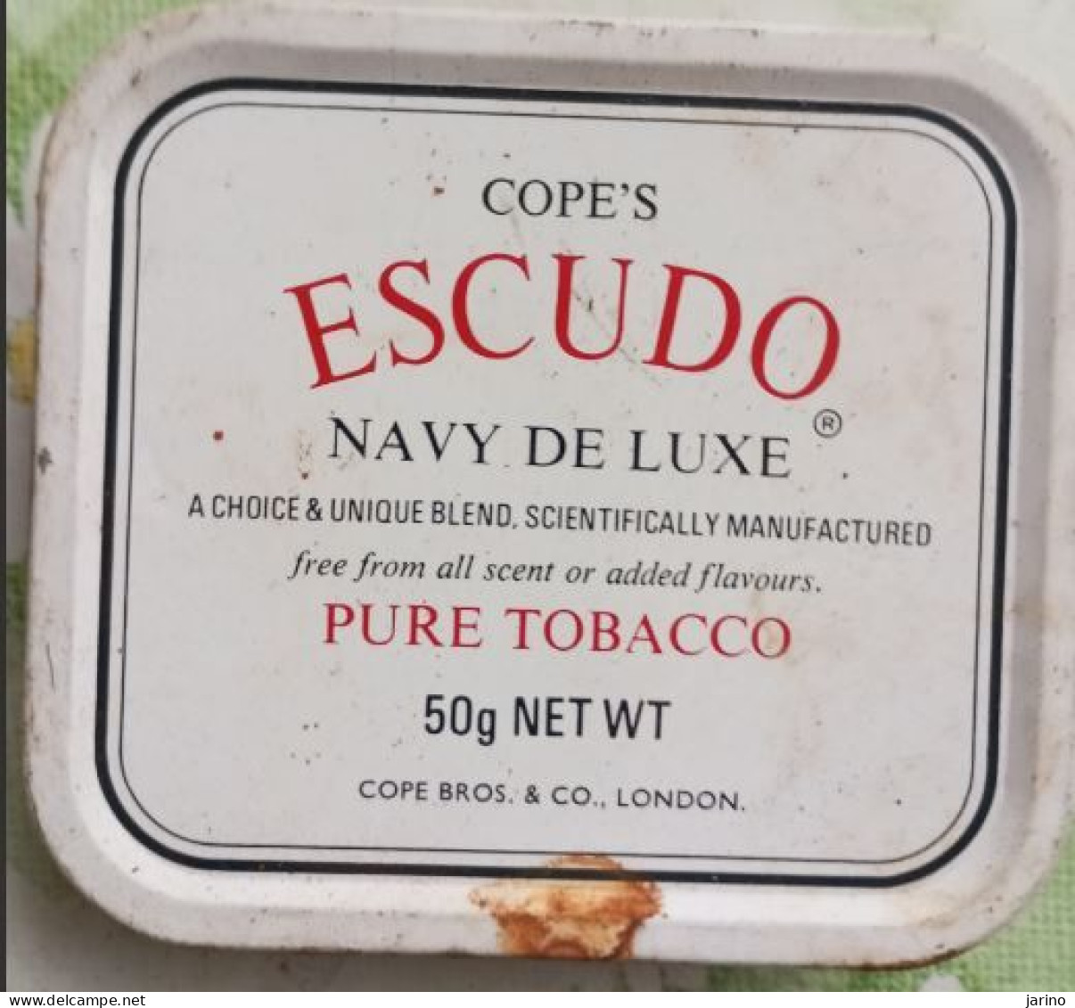 Ancient Empty Metal Tobacco Box Cope's ESCUDO Navy De Luxe, Cope Bros. & Co London, Made In UK, 9x8x2,5 Cm - Tabaksdozen (leeg)
