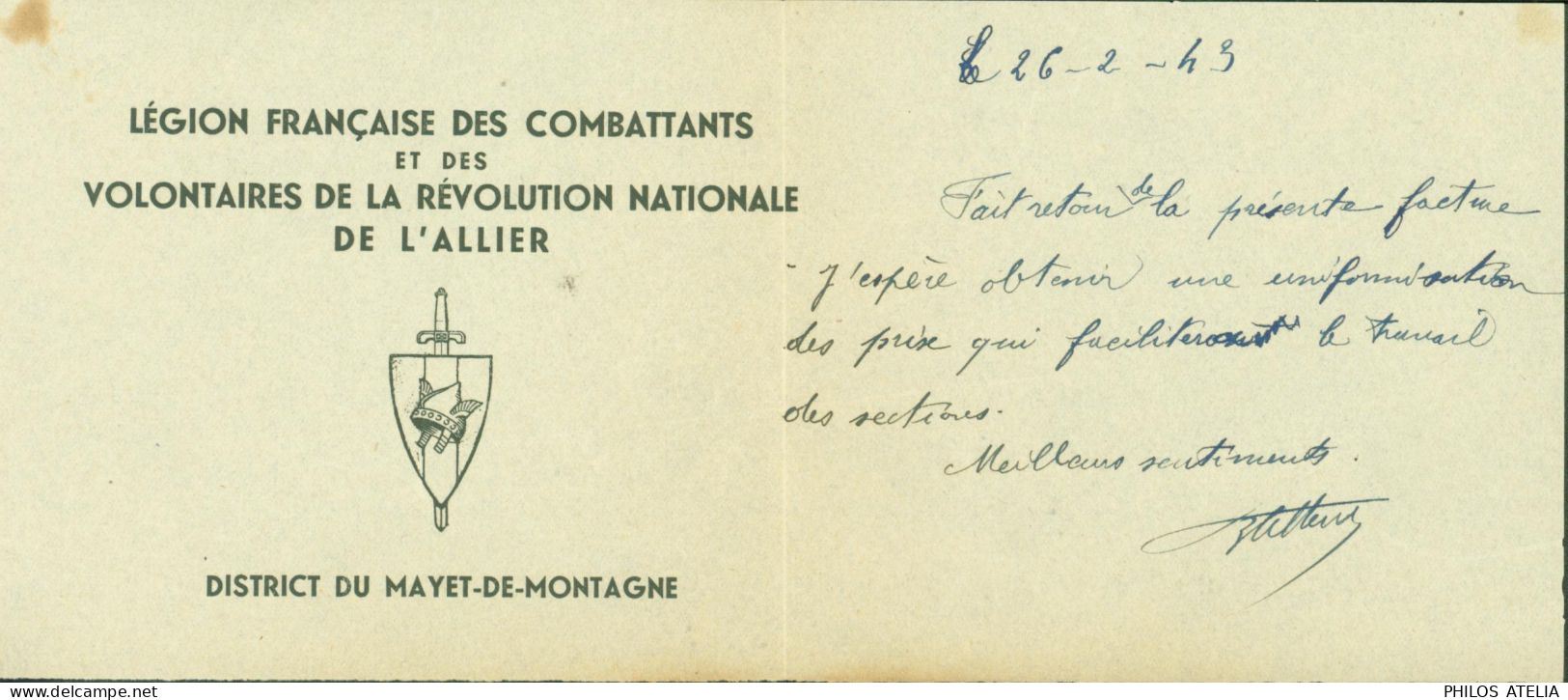 Guerre 40 26 2 43 Légion Française Des Combattants & Volontaires Révolution Nationale Allier District Mayet De Montagne - 2. Weltkrieg 1939-1945