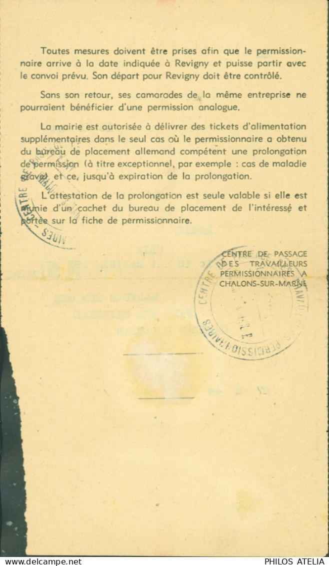 Guerre 40 Permission D'un Travailleur De France Employé En Allemagne STO Passe Par Châlons En Champagne 16 2 44 - WW II
