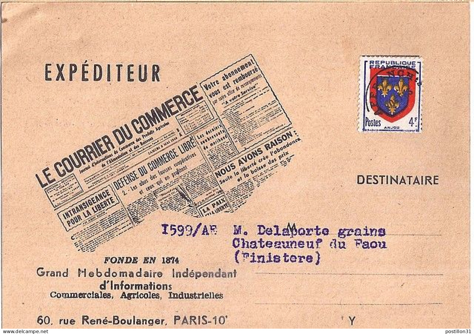 BLASONS N° PREO 105 S/CARTE PUBLICITAIRE DE LE COURRIER DU COMMERCE DU 16.2.52 - 1941-66 Escudos Y Blasones