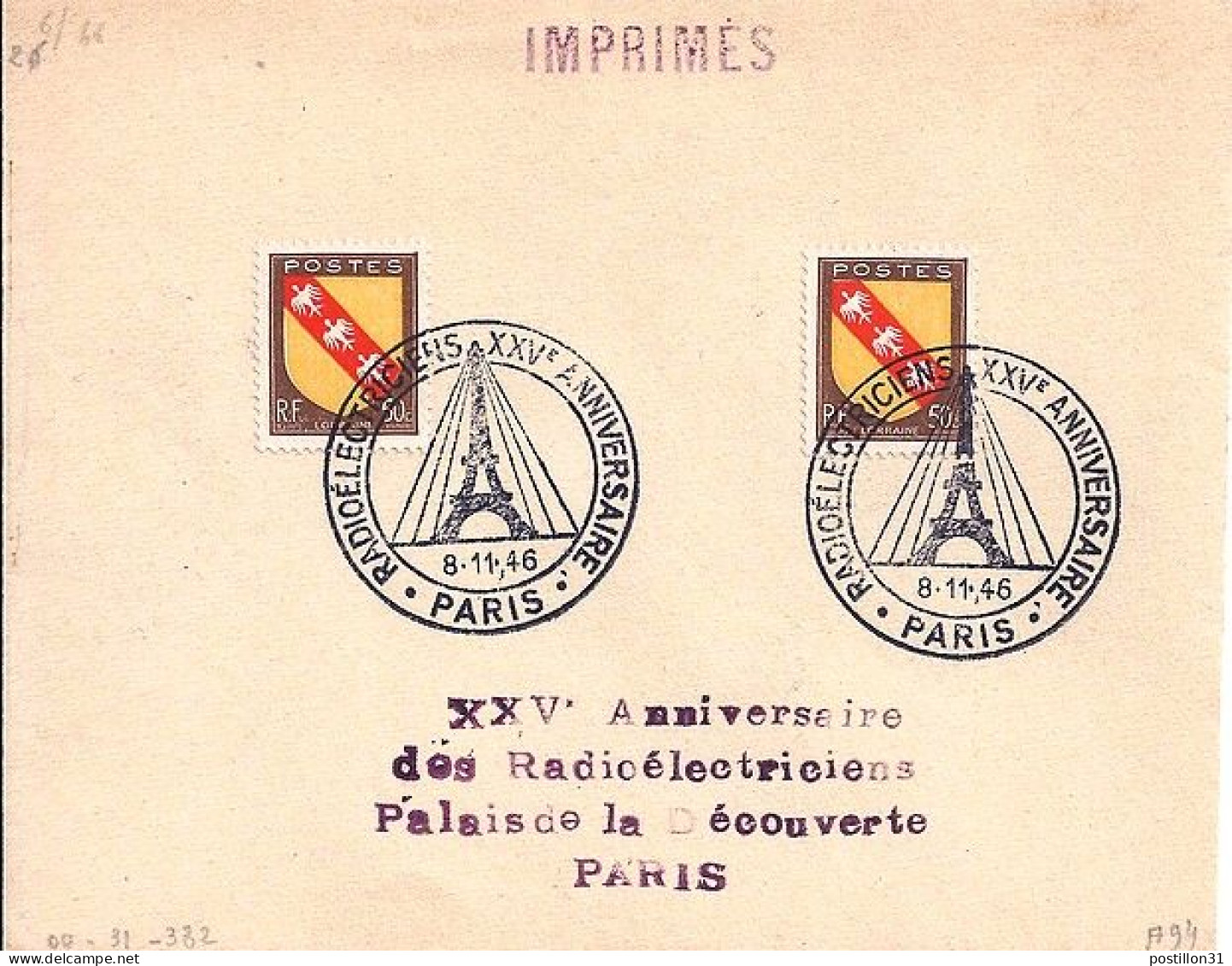 BLASONS N° 757 X 2 S/L. DE PARIS/8.11.46 - 1941-66 Wapenschilden