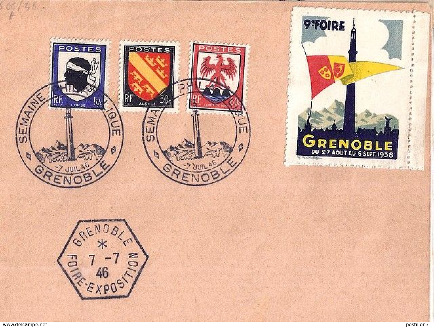 BLASONS N° 755/756/758 S/L. DE GRENOBLE/FOIRE EXPO/7.7.46 + VIGNETTE - 1941-66 Escudos Y Blasones