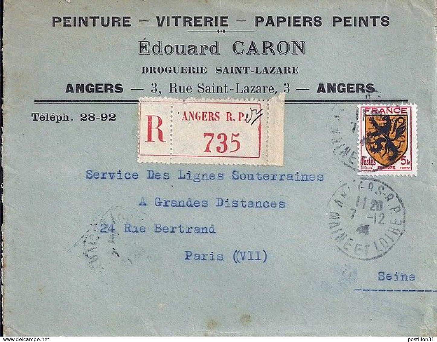 BLASONS N° 602 S/DEVANT DE L.REC. DE ANGERS/7.12.44 - 1941-66 Armoiries Et Blasons